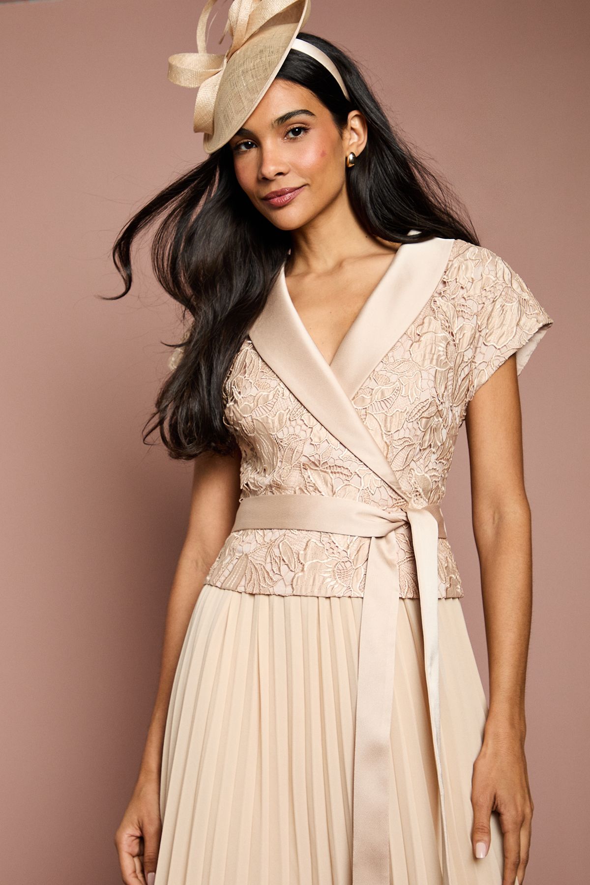 Coast Lace Wrap Top Pleat Tux Midi Dress Champagne image 2