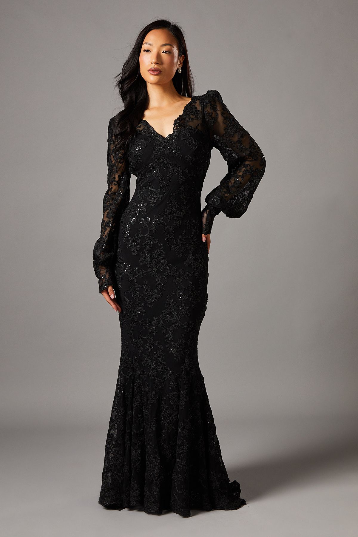 Coast V Neck Lace Long Sleeve Maxi Dress Black