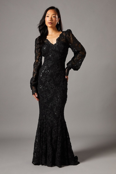 Coast V Neck Lace Long Sleeve Maxi Dress Black