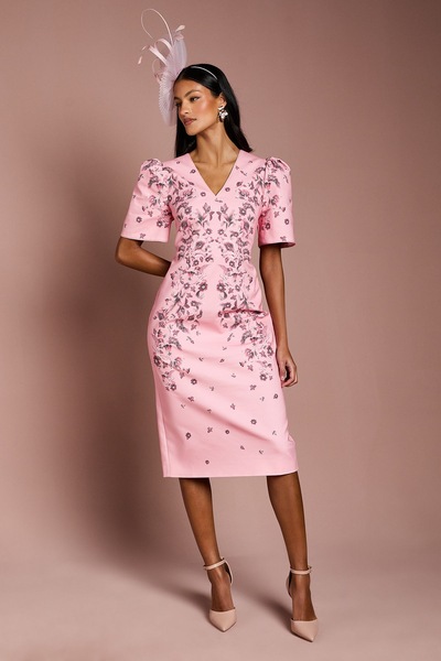 Coast Petite Placement Print Puff Sleeve Cotton Midi Dress Coral