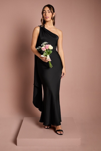 Coast One Shoulder Satin Maxi Bridesmaid Dress With Gold Trim Black