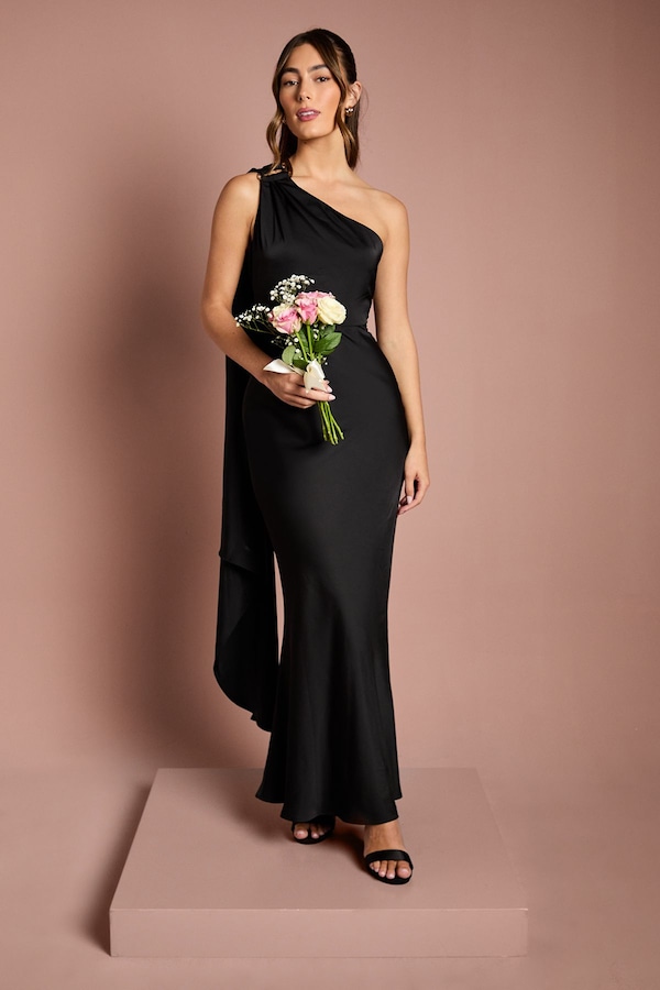 Coast One Shoulder Satin Maxi Bridesmaid Dress With Gold Trim Black