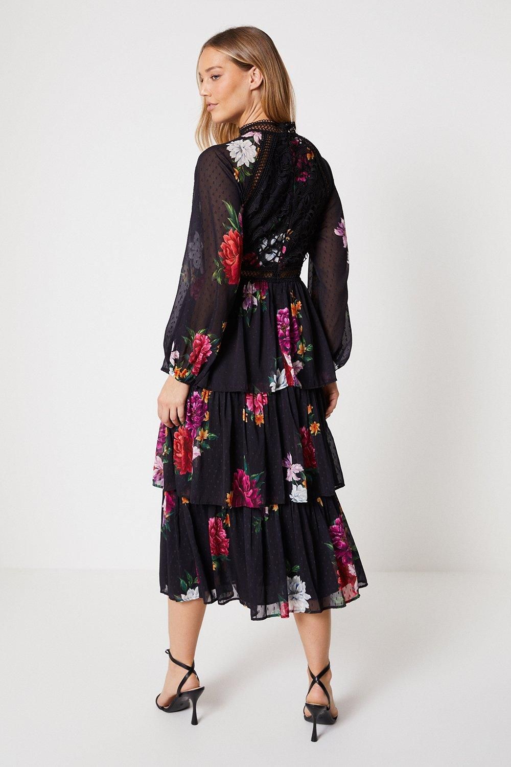 Oasis Floral Lace Trim Dobby Chiffon Tiered Midaxi Dress Black image 3