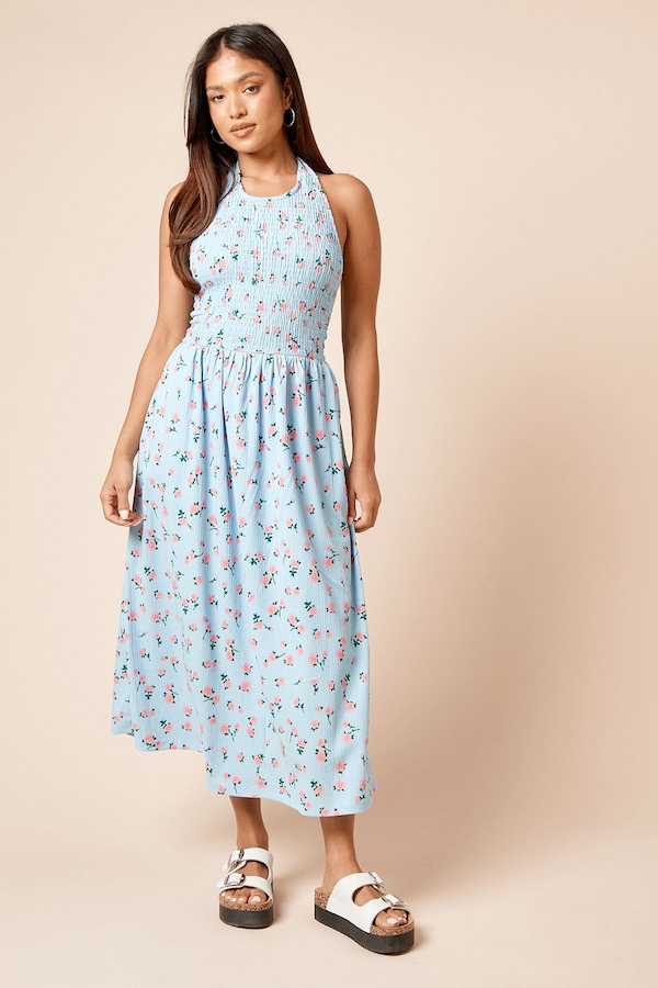Dorothy Perkins Petite Blue Floral Shirred Bodice Halterneck Jersey Midi Dress Blue