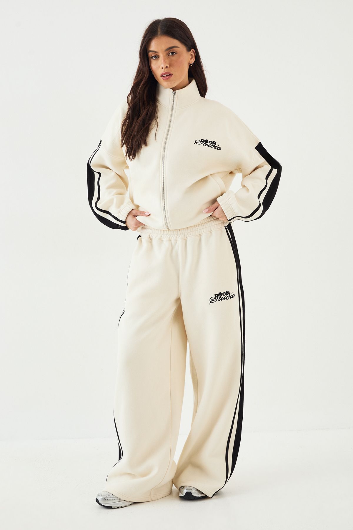 DSGN Studio DSGN Studio Side Stripe Funnel Neck Oversized Bomber Sweatshirt Cream image 3