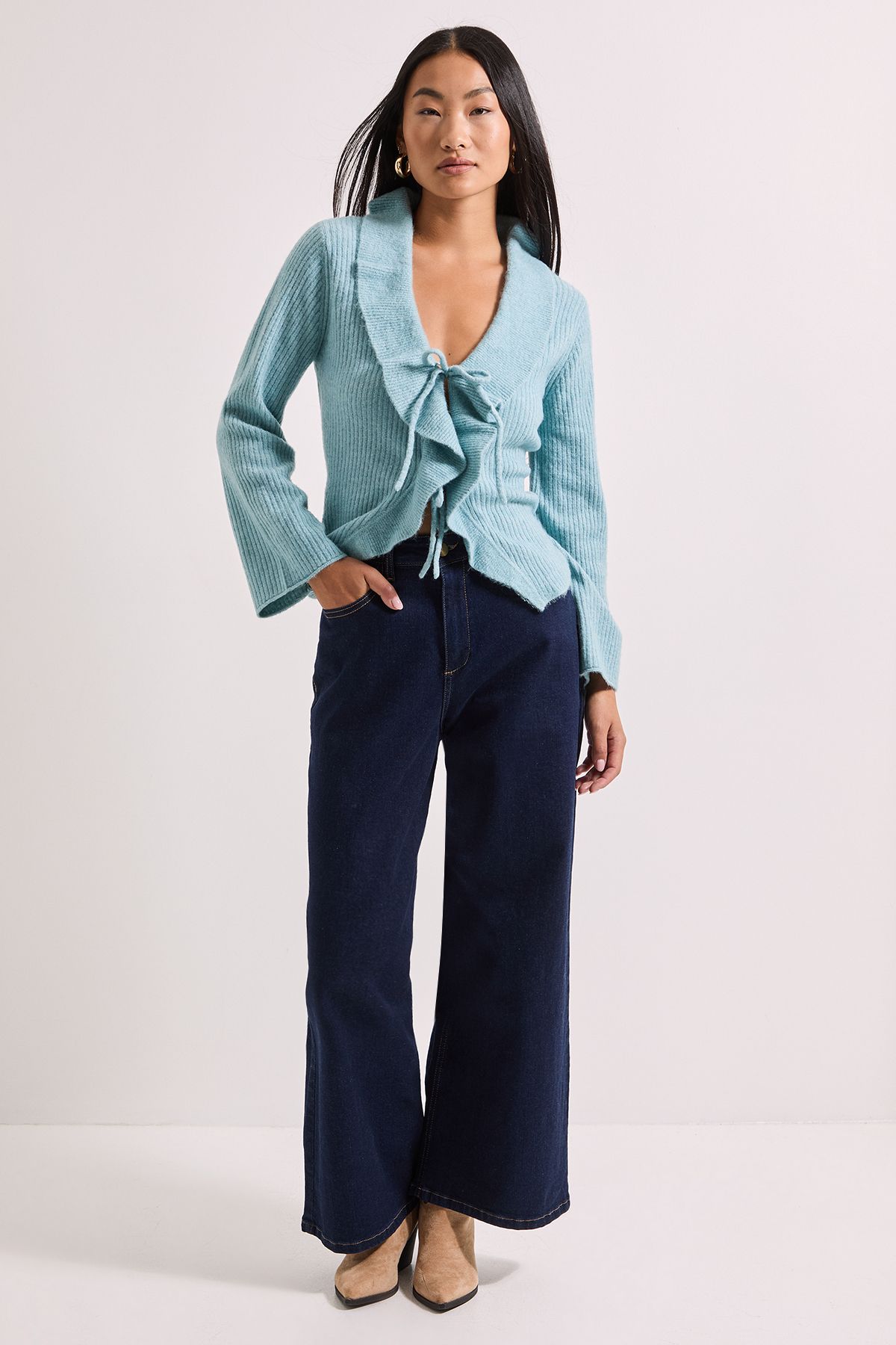 Dorothy Perkins Petite Ruffle Tie Front Cardigan Pale Blue image 2