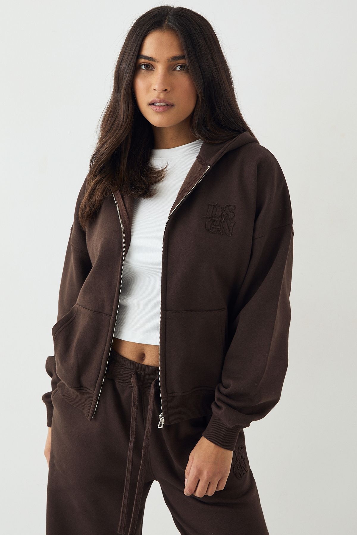 DSGN Studio DSGN Studio Self Fabric Applique Zip Through Hoodie Dark Chocolate image 1