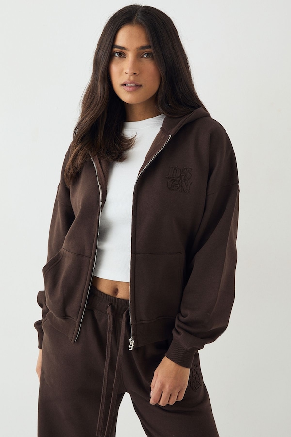 DSGN Studio DSGN Studio Self Fabric Applique Zip Through Hoodie Dark Chocolate
