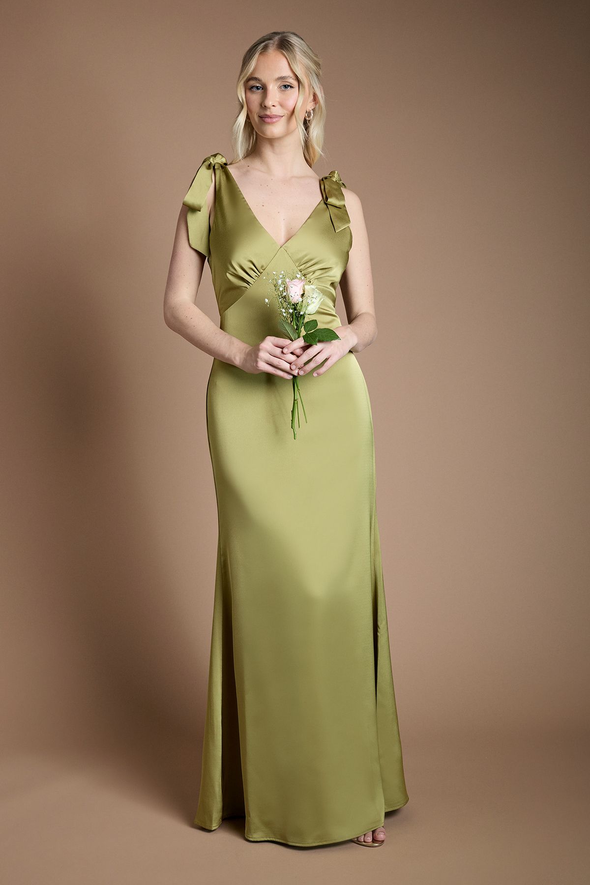 Coast Coast Honoured Satin Back Crepe V Neck Tie Shoulder Maxi Bridesmaid Dress Olive
