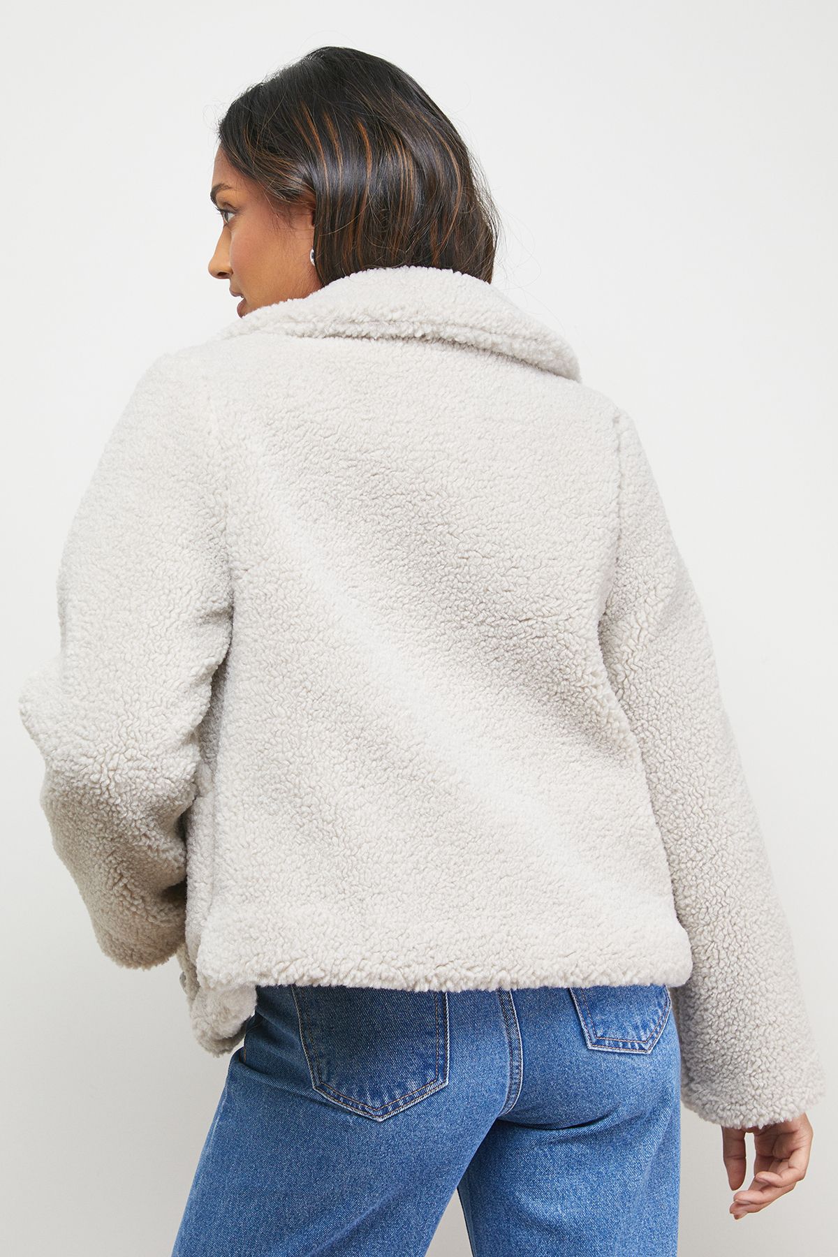 Oasis Teddy Shearling Button Through Short Jacket Stone image 3