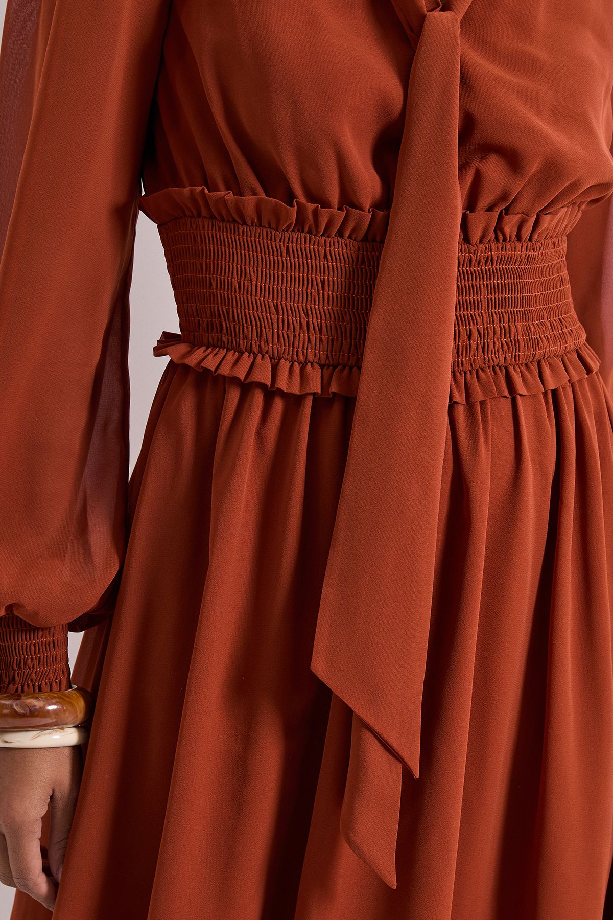 Dorothy Perkins Bow Tie Neck Detail Shirred Waist Midi Dress Brown image 5