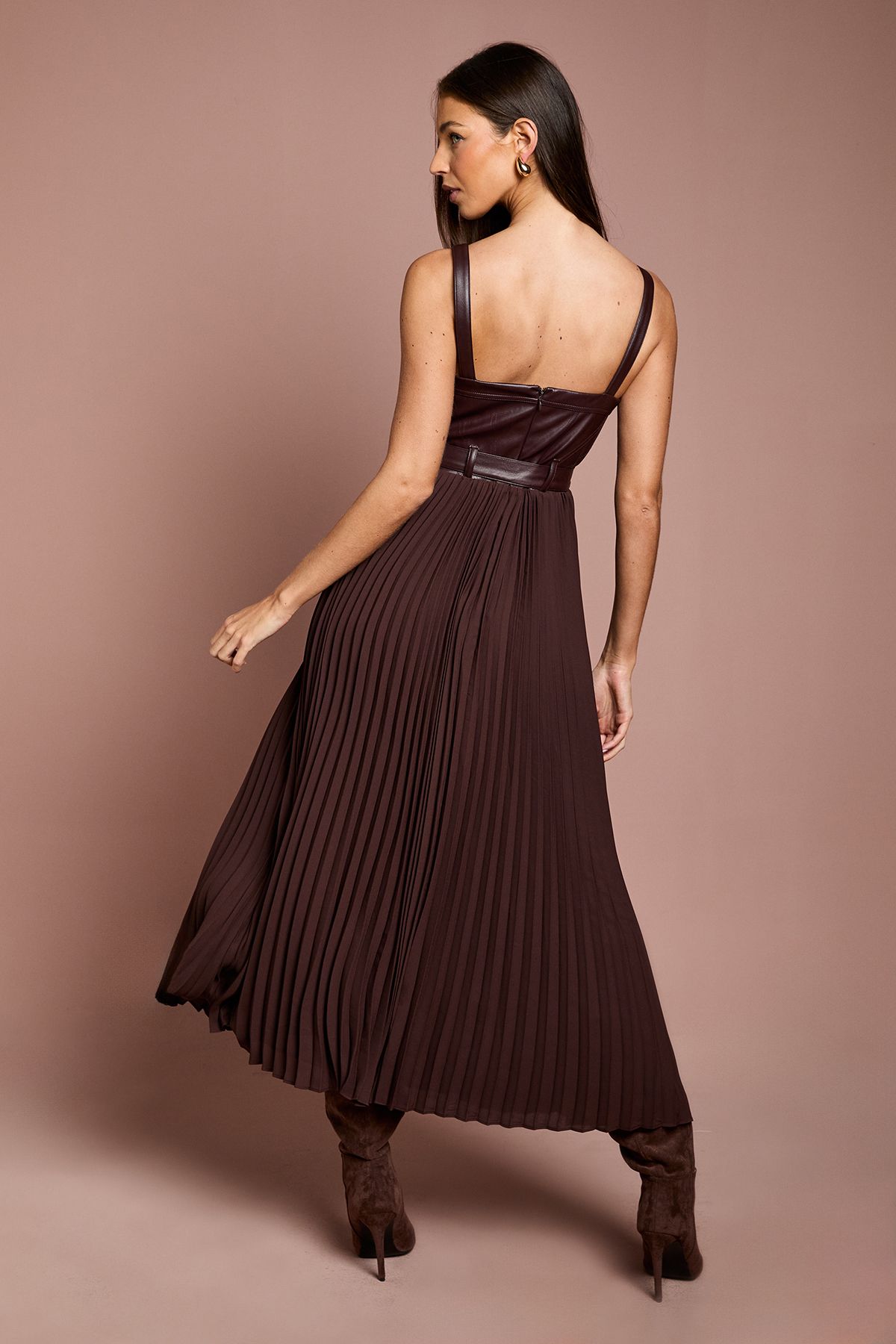 Coast Strappy PU Pleat Skirt Midi Dress With Belt Brown image 3