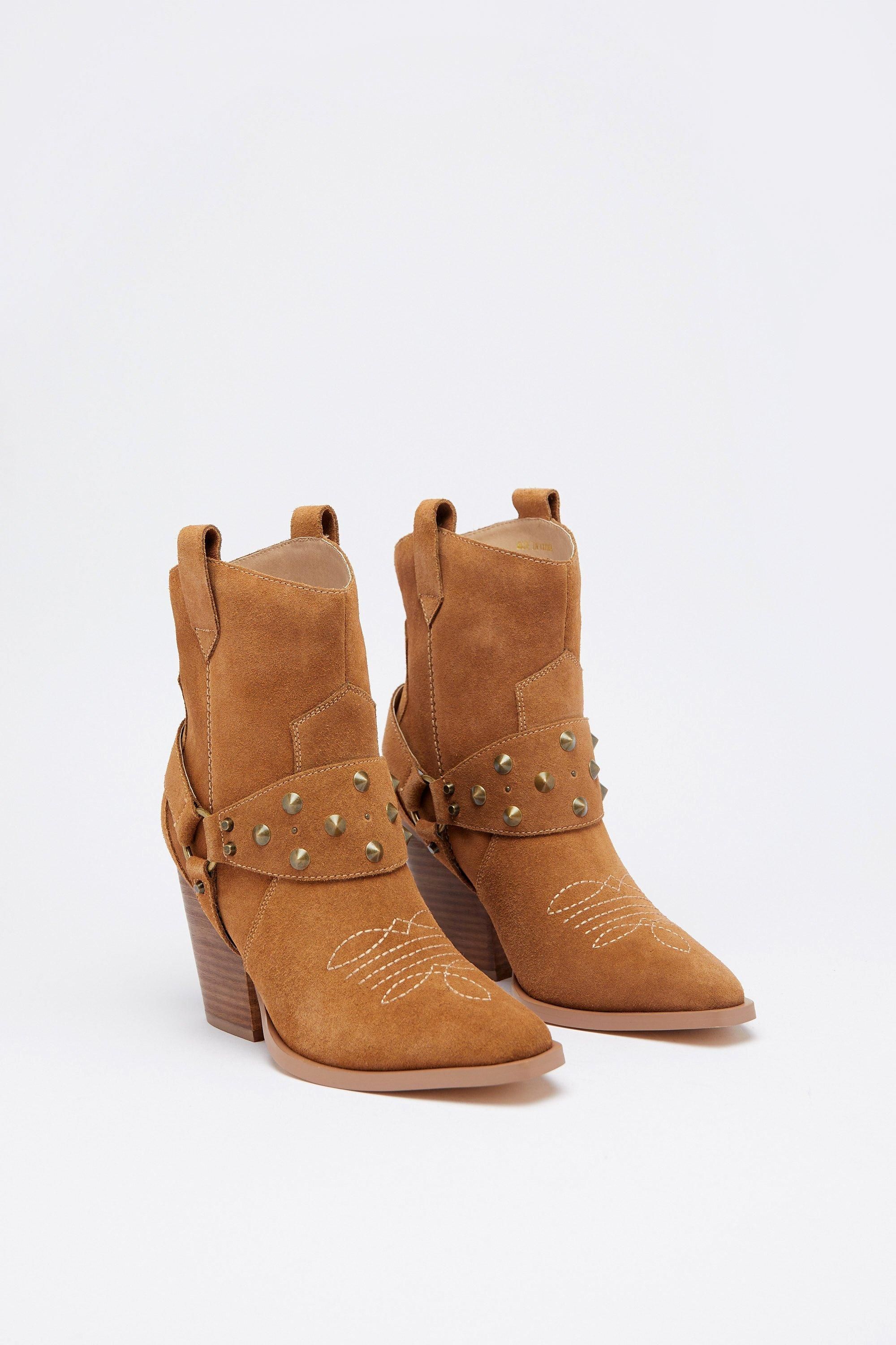 Warehouse Suede Harness Detail Ankle Cowboy Boot Tan image 2
