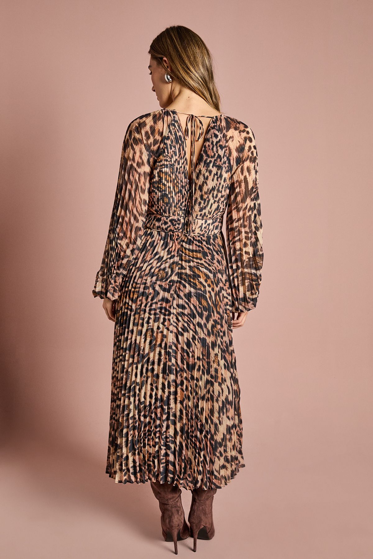 Coast Long Sleeve Chiffon Pleated Wrap Midi Dress Animal image 3