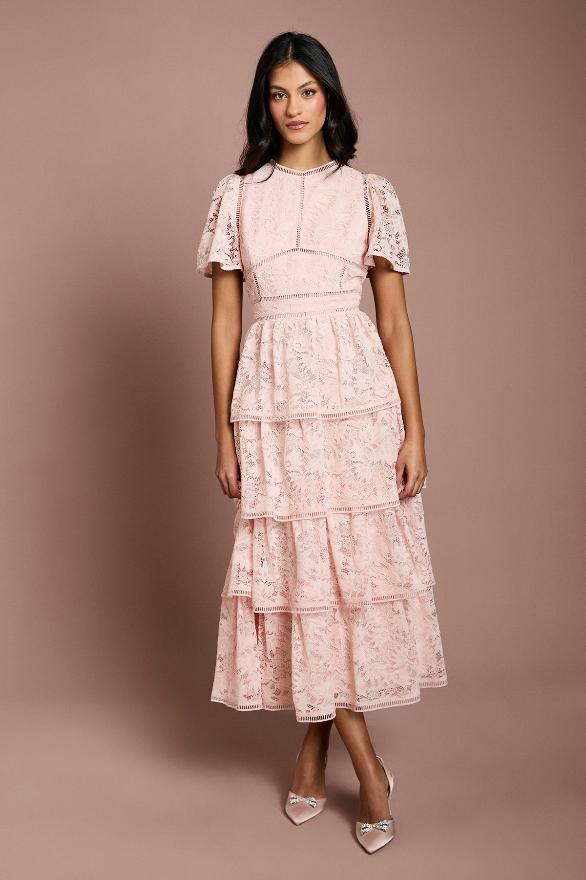 Coast Petite Tiered Lace Dress With Flutter Sleeve & Trims Blush