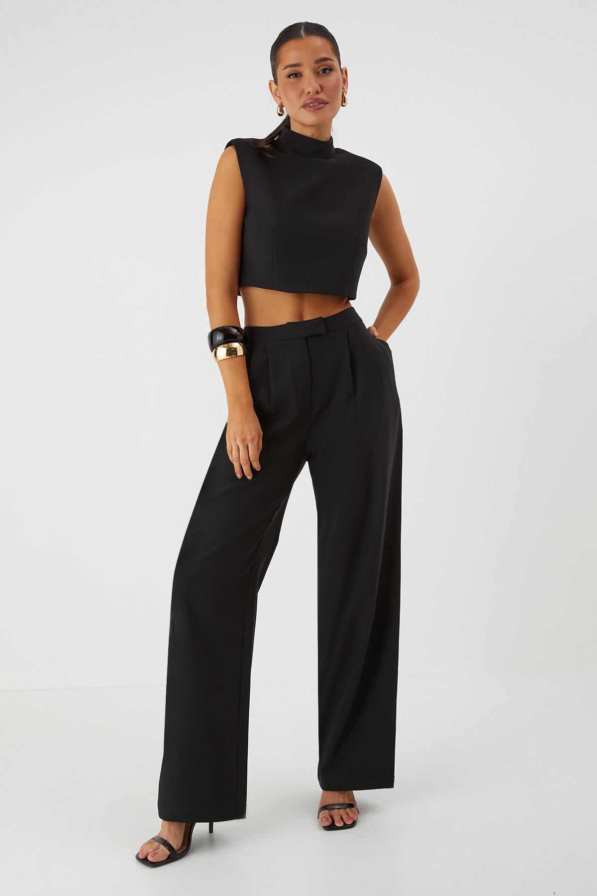 MissPap Shoulder Pad Top and Tailored Trouser Co Ord Black image 4