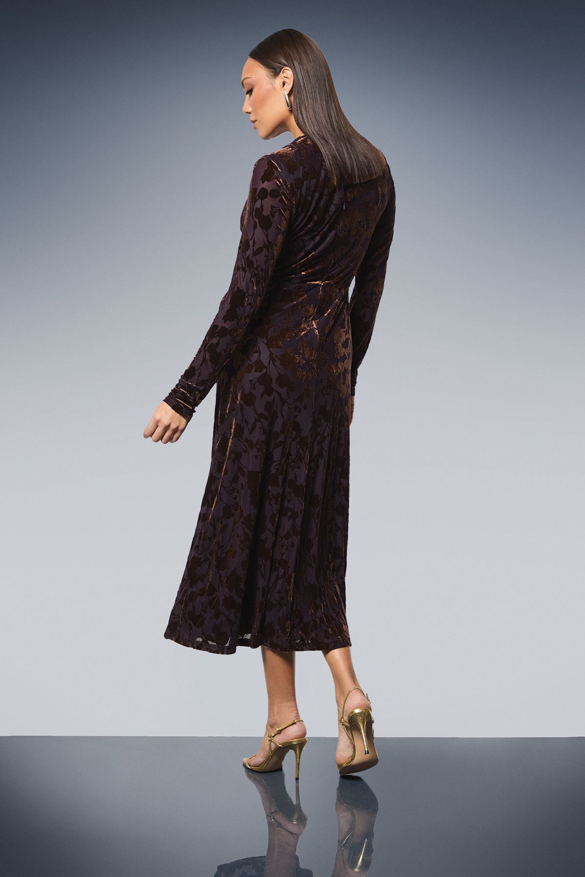 Principles Twist Front Velvet Devore Midi Dress Choc Brown image 3