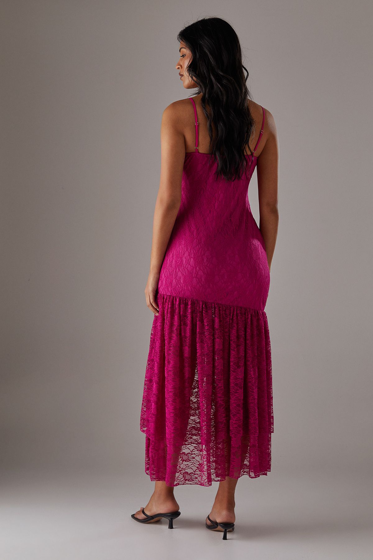 Warehouse Lace Strappy Drop Waist Ruffle Midi Dress Magenta image 4