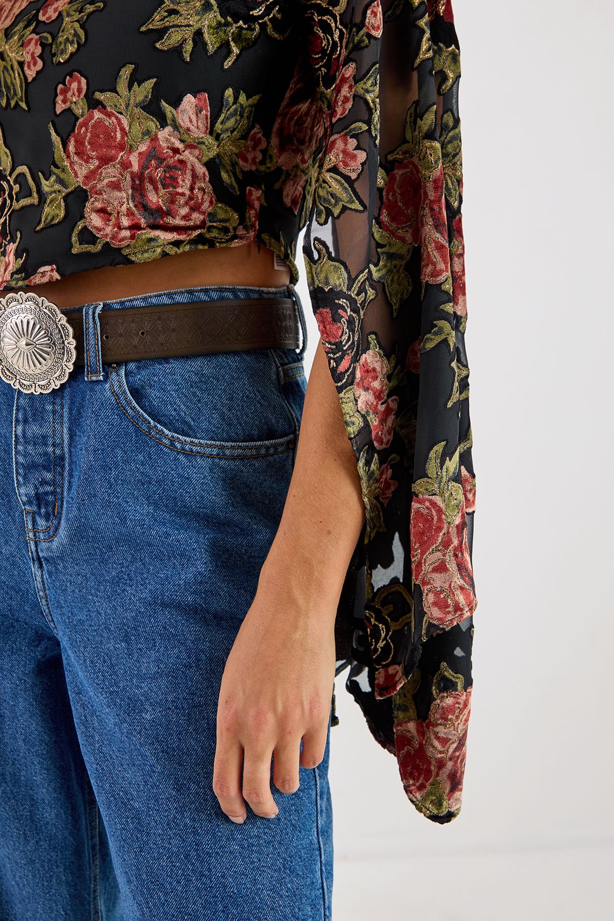 NastyGal Floral Devore Off The Shoulder Fluted Sleeve Top Black image 3