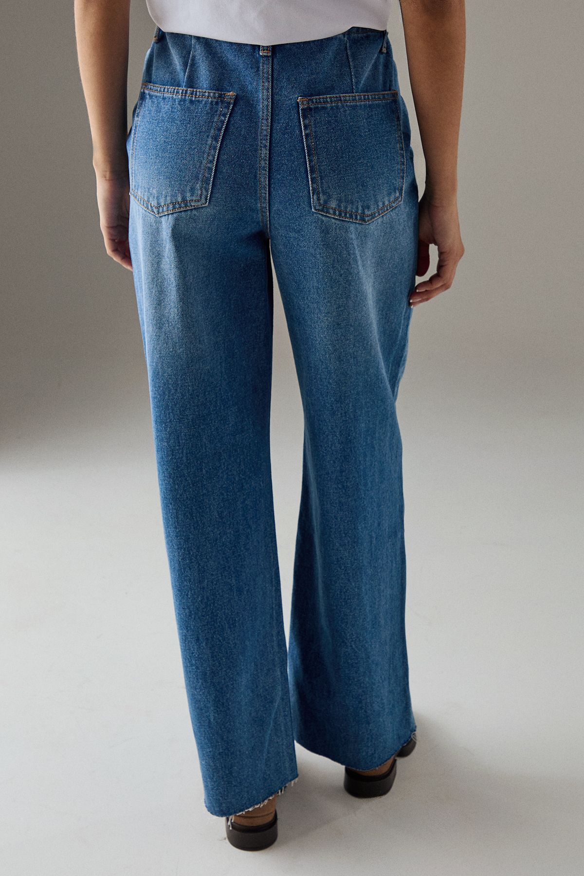 Warehouse Washed Raw Waist Seam Detail Denim Dad Jean Mid Wash image 3