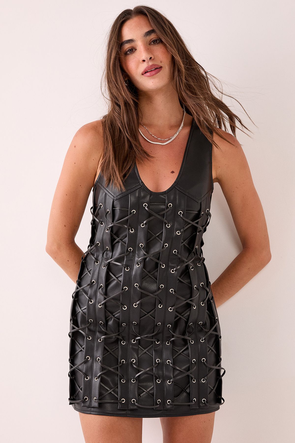 NastyGal Eyelet Lace Up Faux Leather Mini Dress Black