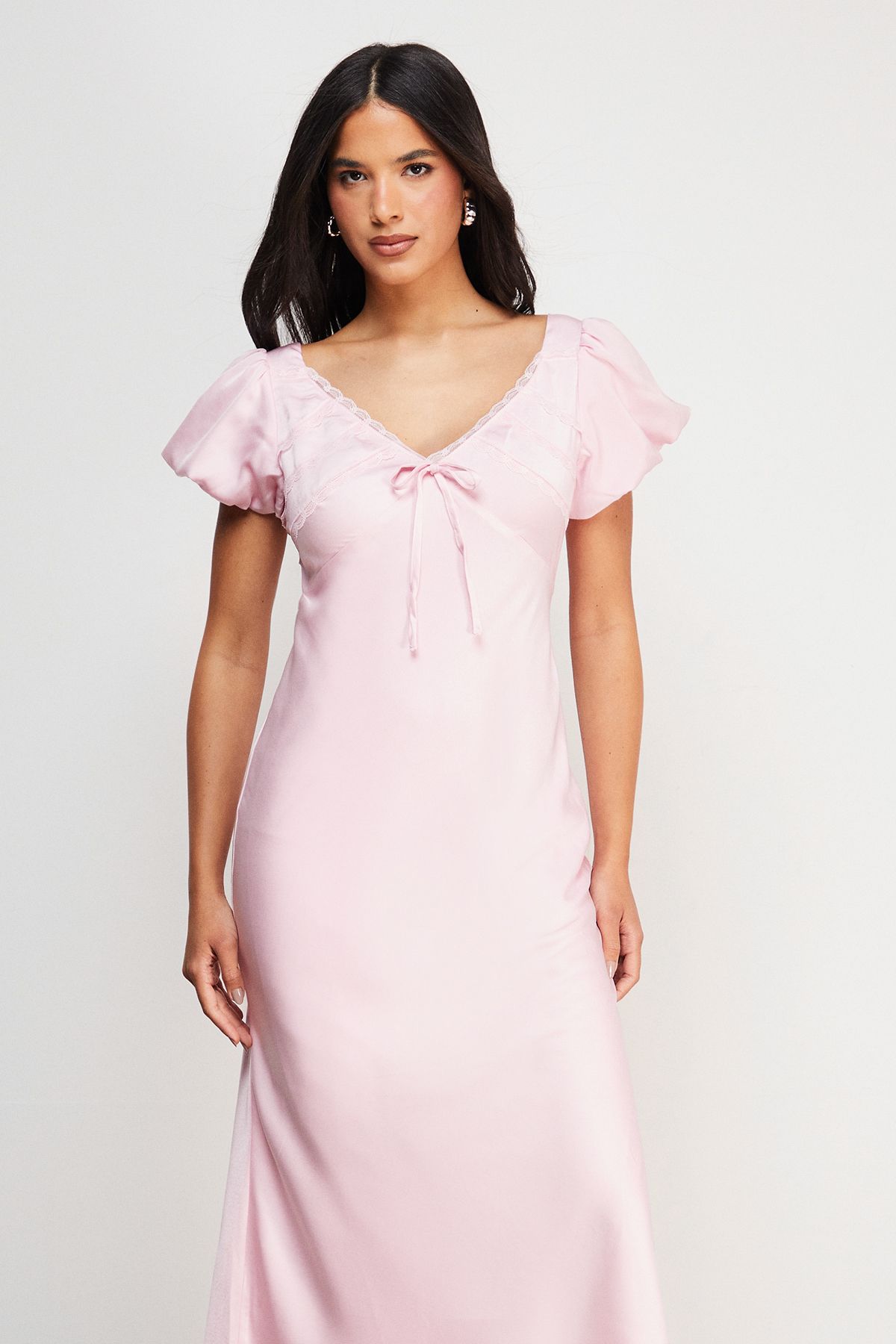 Warehouse Satin Lace Insert Puff Sleeve Midi Tea Dress Pale Pink image 2