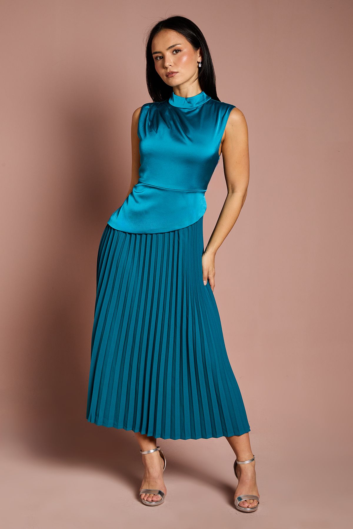 Coast Petite Drape High Neck Pleated Skirt Midi Dress Teal