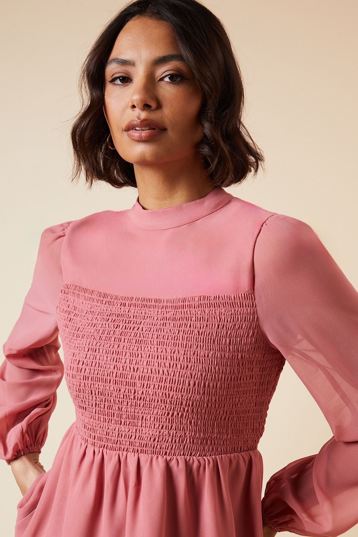 Dorothy Perkins Shirred Front And Back Long Sleeve Blouse Dusky Pink image 2