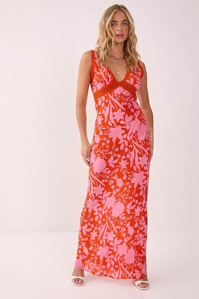 NastyGal Floral Lace Insert Plunge Maxi Dress Red