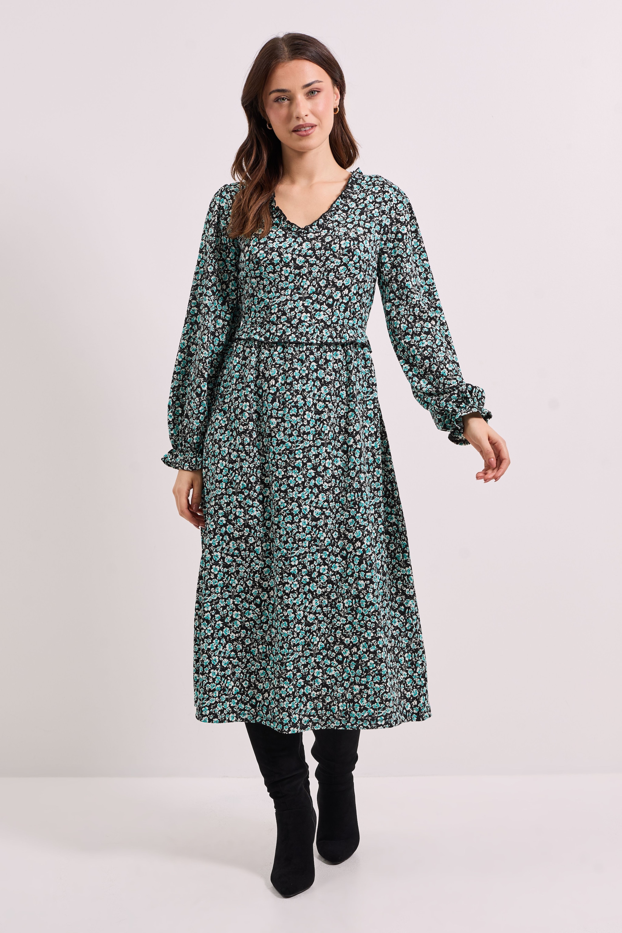 Dorothy Perkins Frill Neck Blouson Sleeve Midi Dress Green