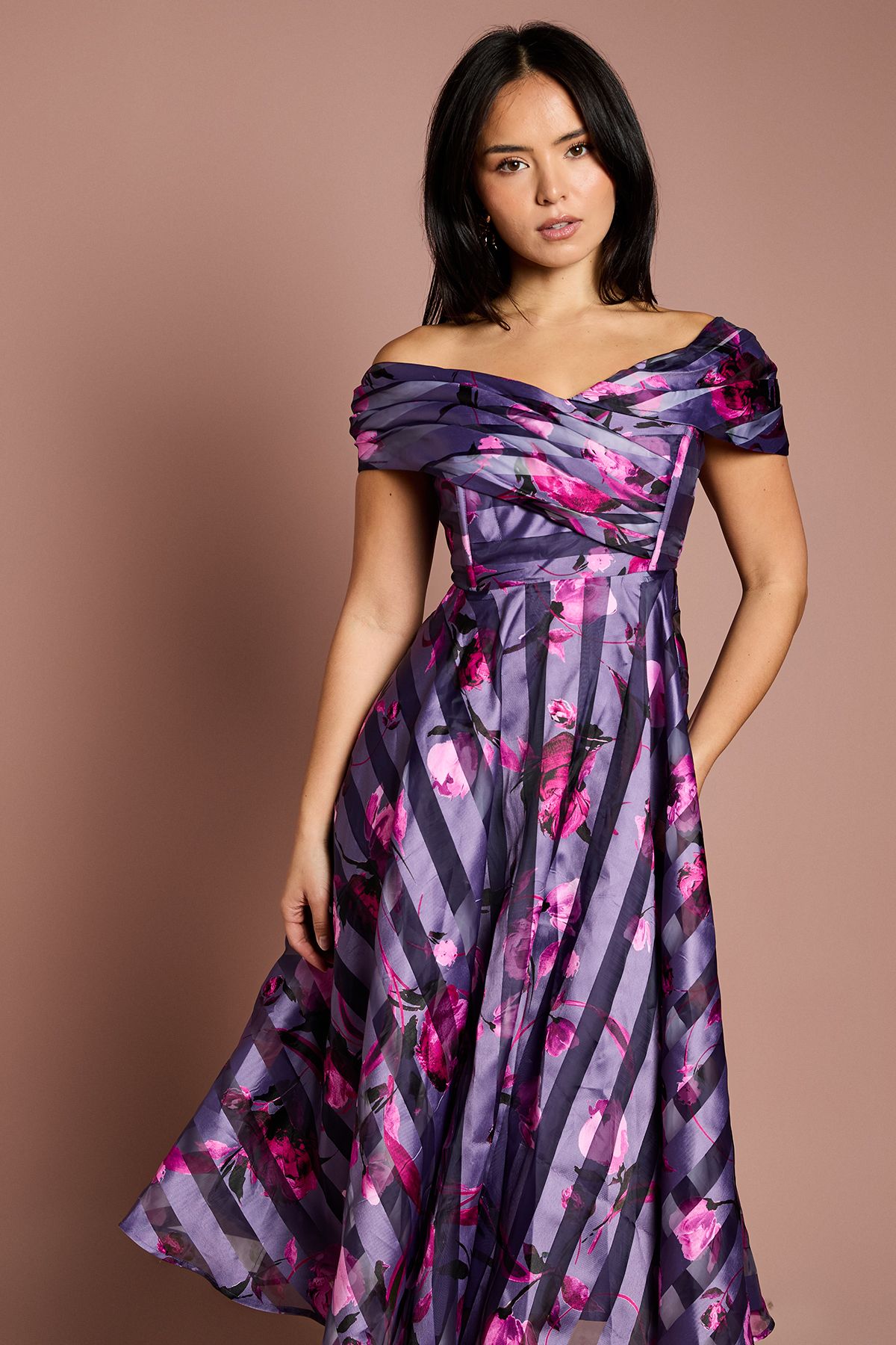 Coast Petite Stripe Organza Pleated Top Midi Dress Purple image 2