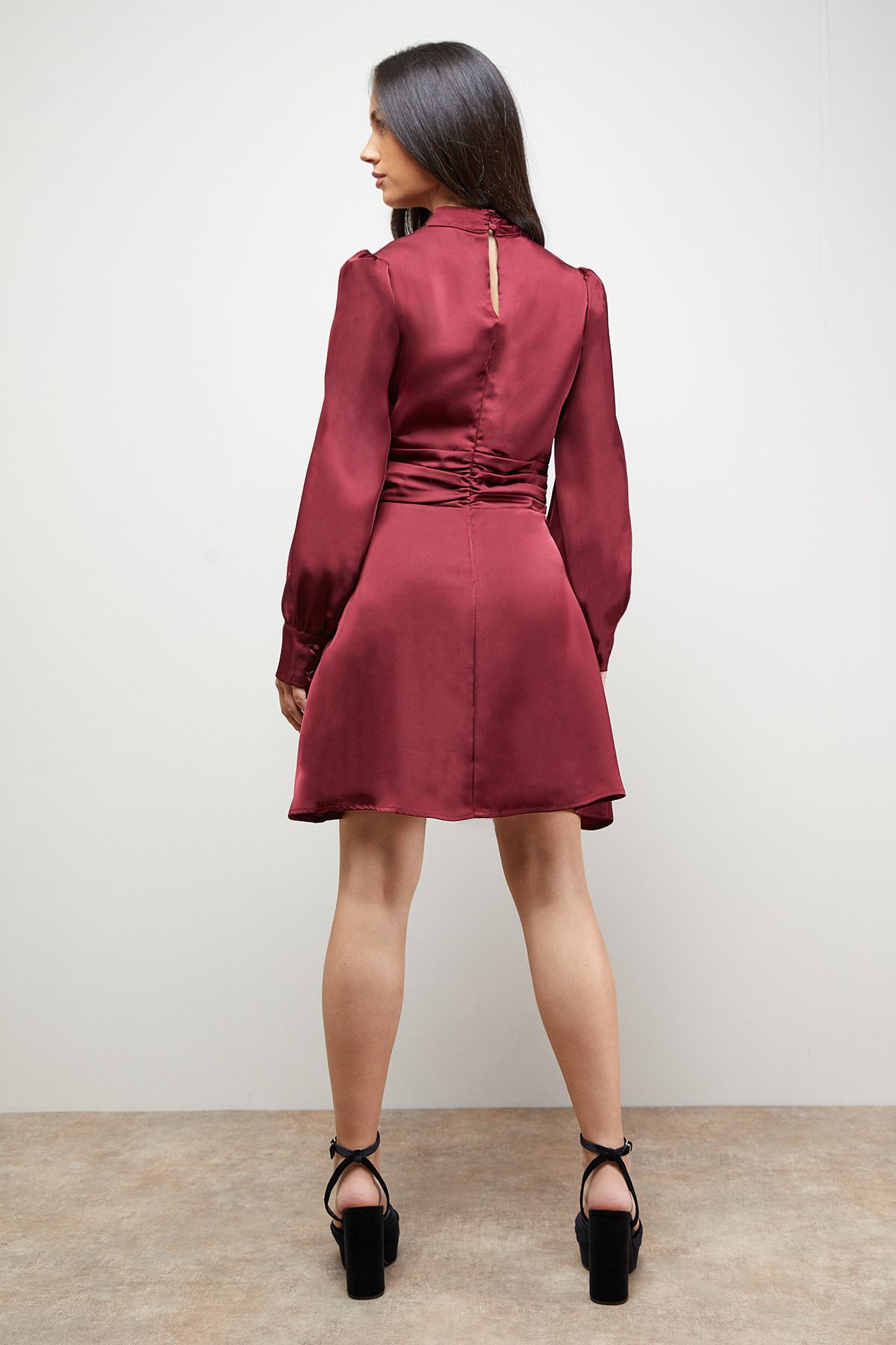Oasis Satin Ruched Waist High Neck Balloon Sleeve Mini Dress Merlot image 3