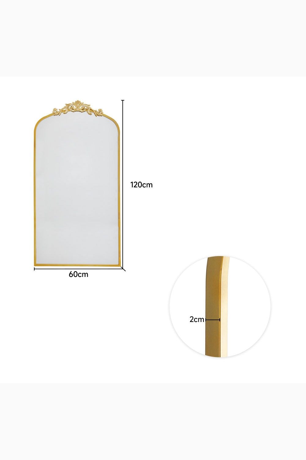 Living and Home 60cm W x 120cm H Vintage-Inspired Gold Floral Carved Metal Framed Arch Accent Wall Mirror image 3