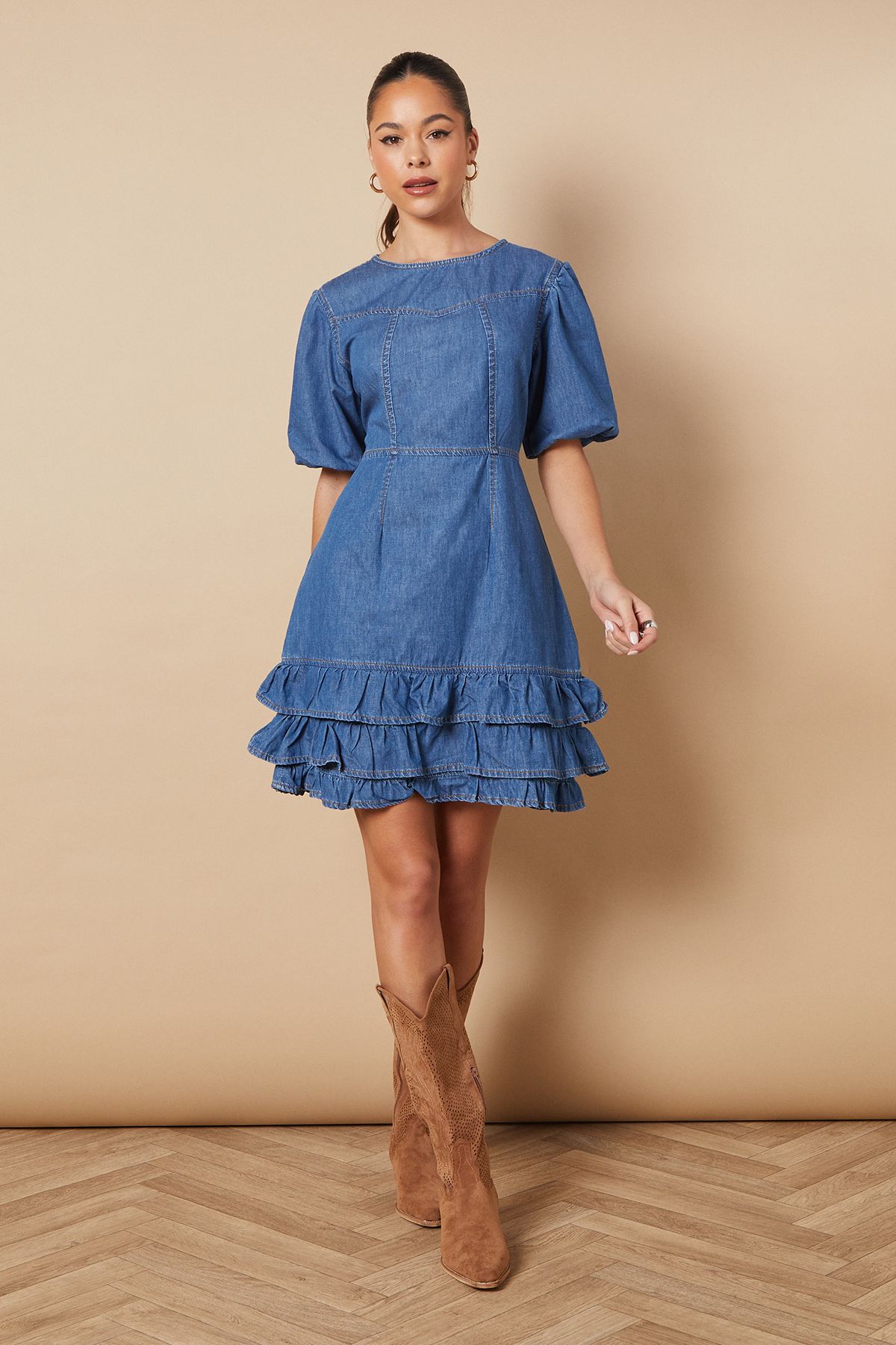 Oasis Short Puff Sleeve Detail Denim Mini Dress Mid Wash