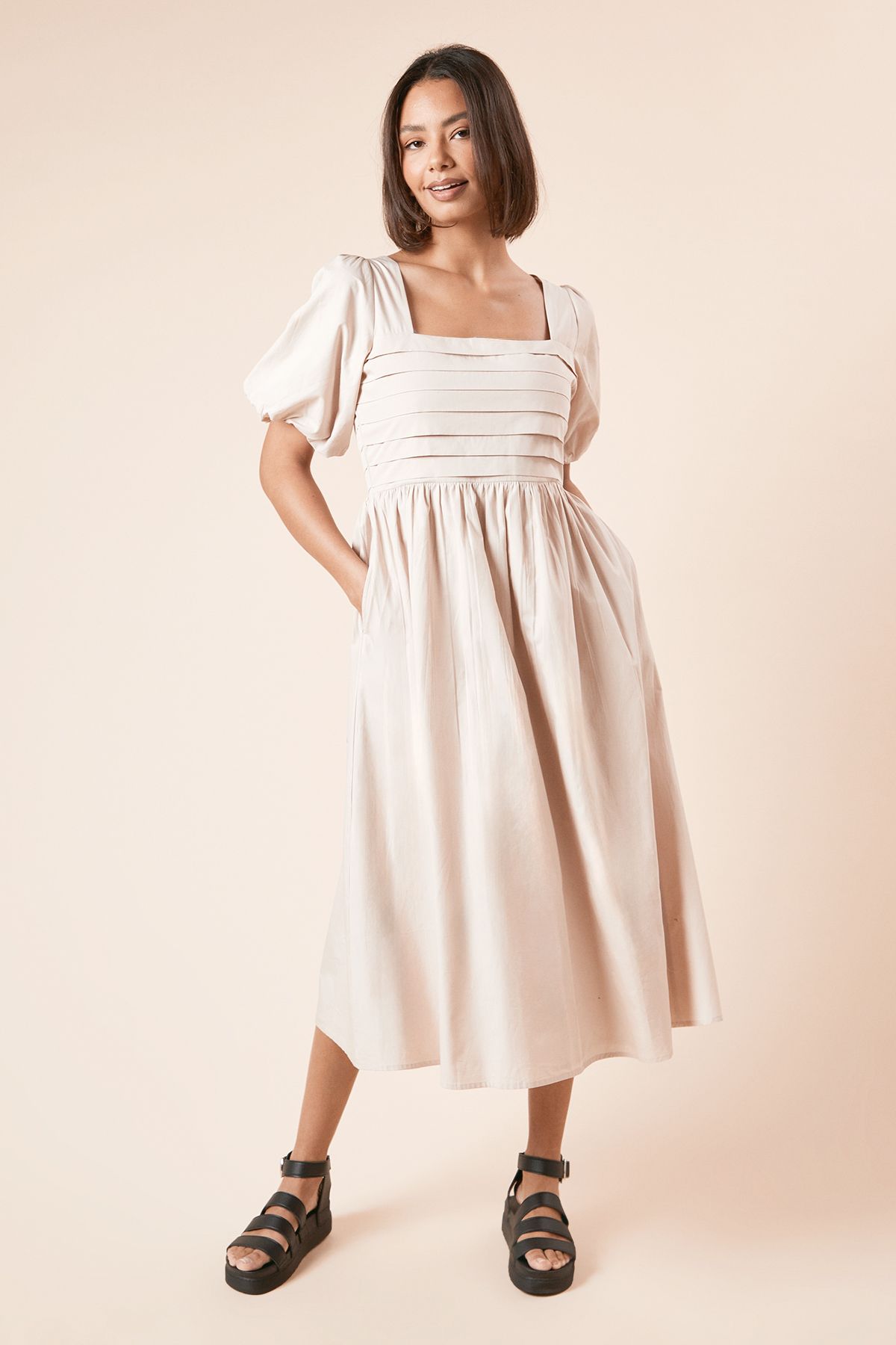 Dorothy Perkins Stone Pleated Bodice Midi Dress Stone image 1