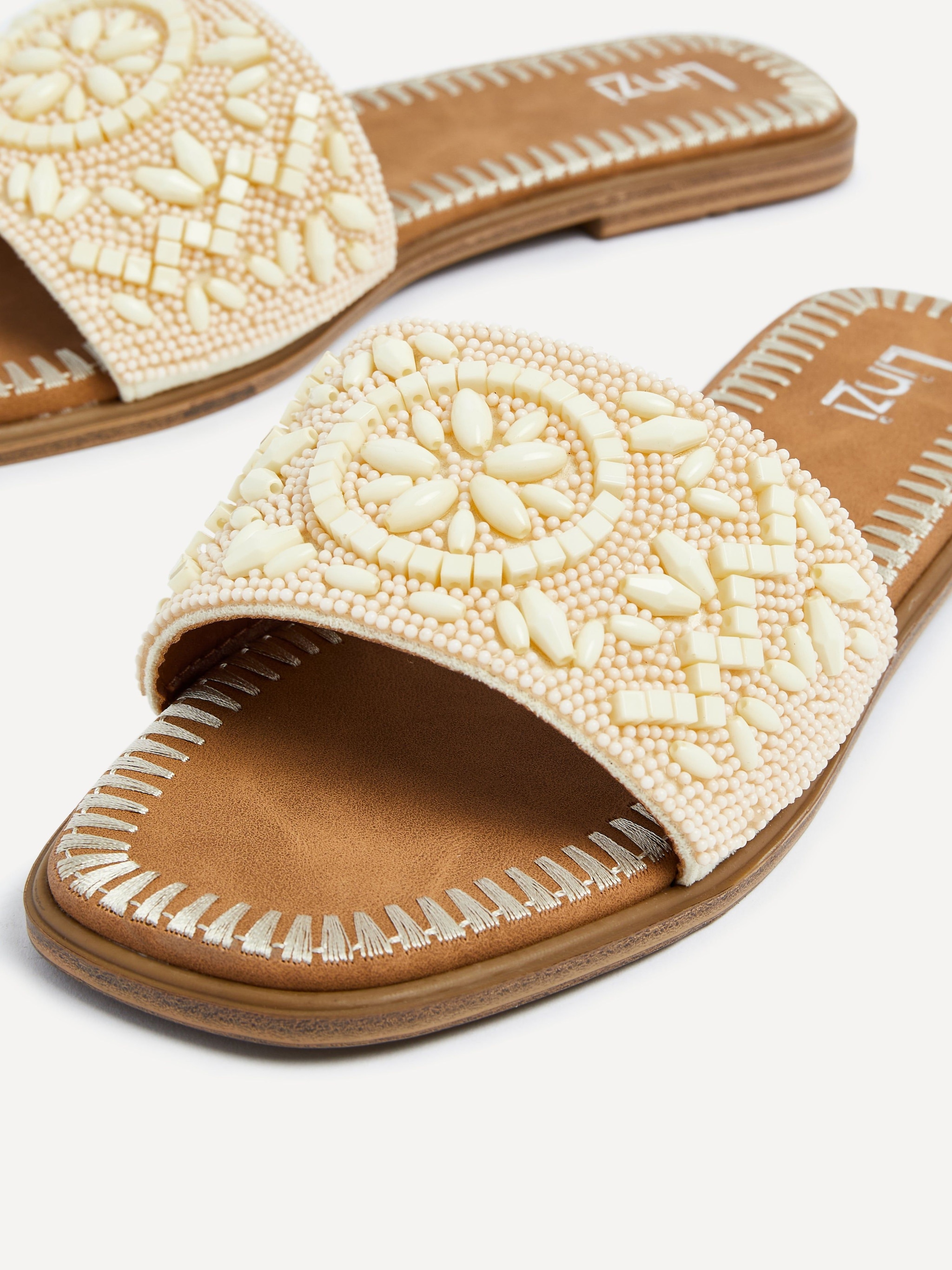 Linzi Aloha Beige Beaded Flat Slider Sandal image 4