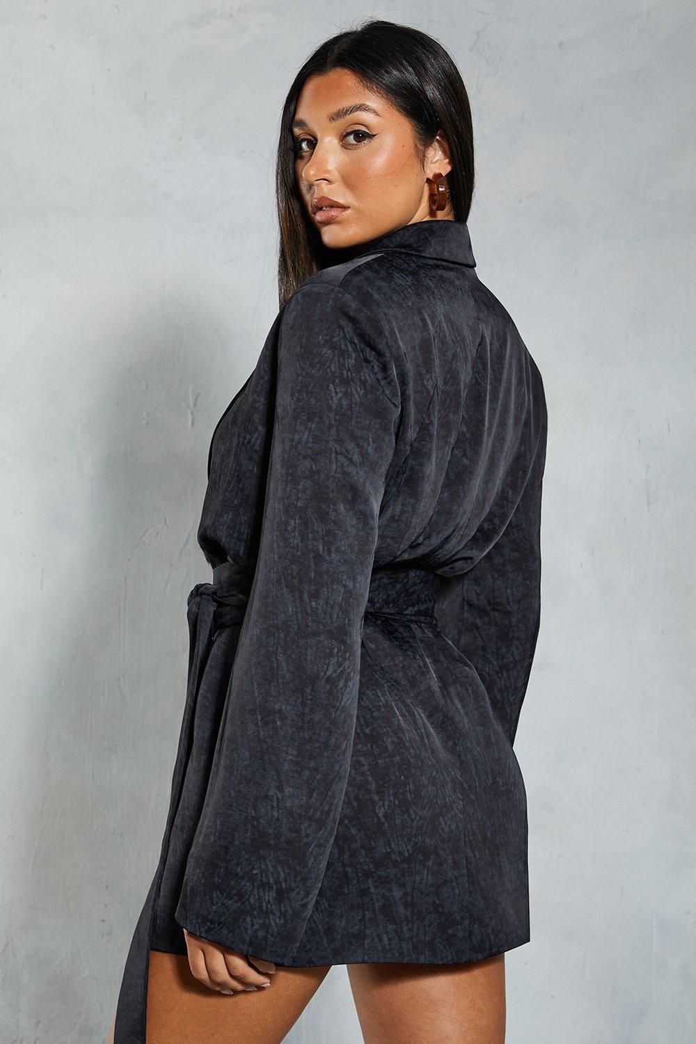 MissPap Premium Hammered Satin Belted Blazer Mini Dress Black image 3