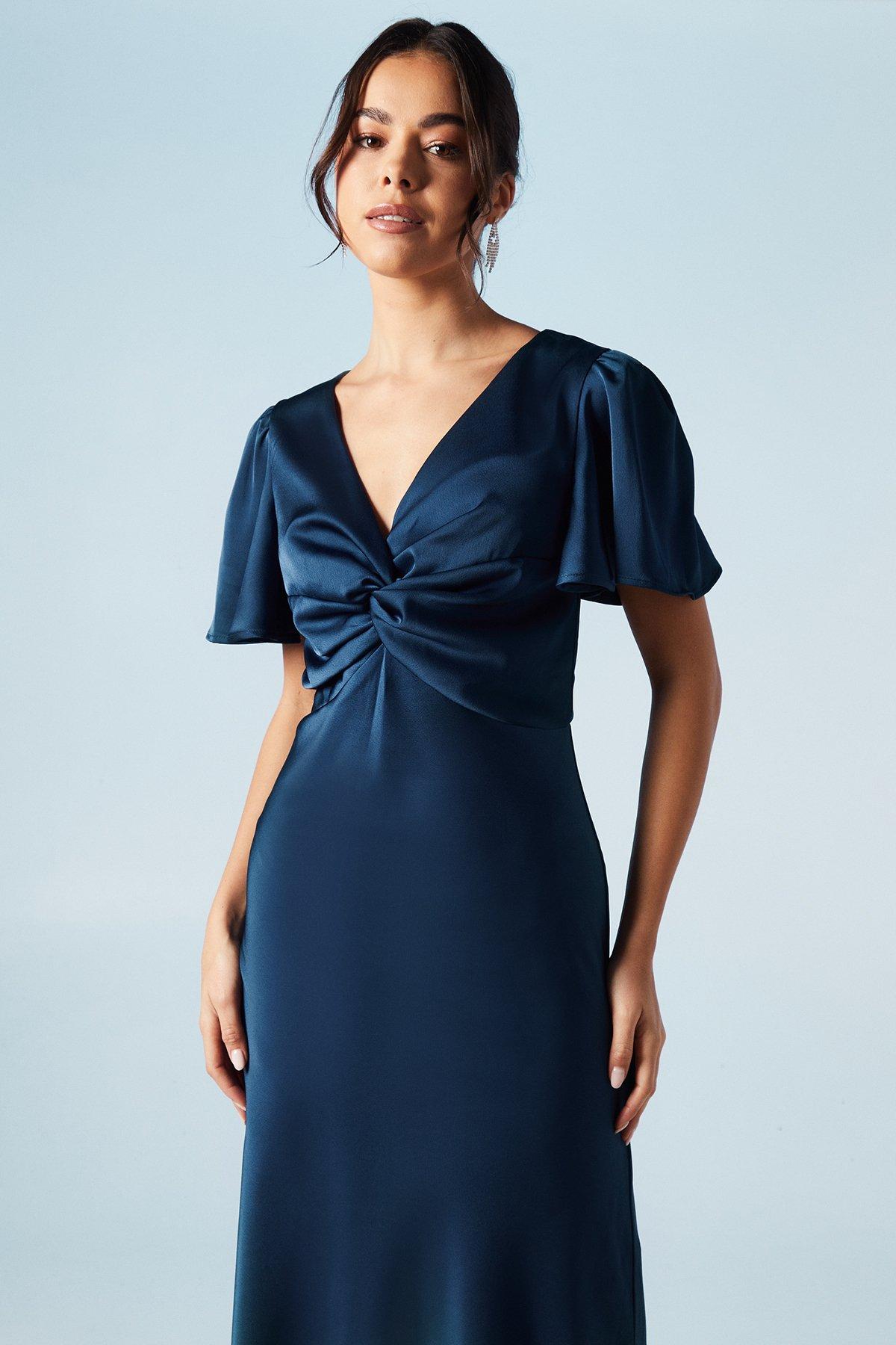 Oasis Satin Twist Front Angel Sleeve Midi Bridesmaids Dress Navy image 4
