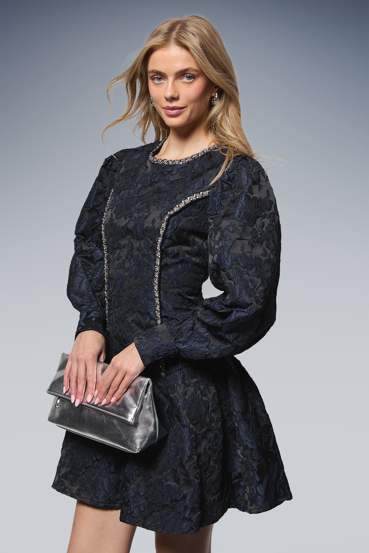 Oasis Embellished Trim Jacquard Mini Dress Navy image 2