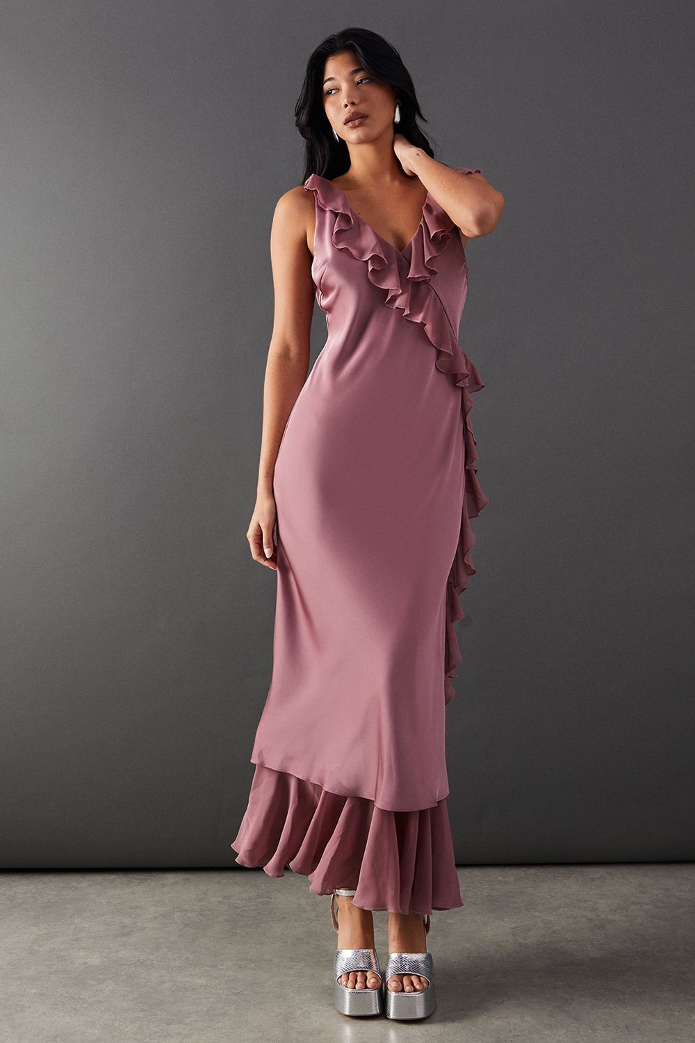 Warehouse Satin Wrap Chiffon Frill Detail Midi Dress Mauve image 1