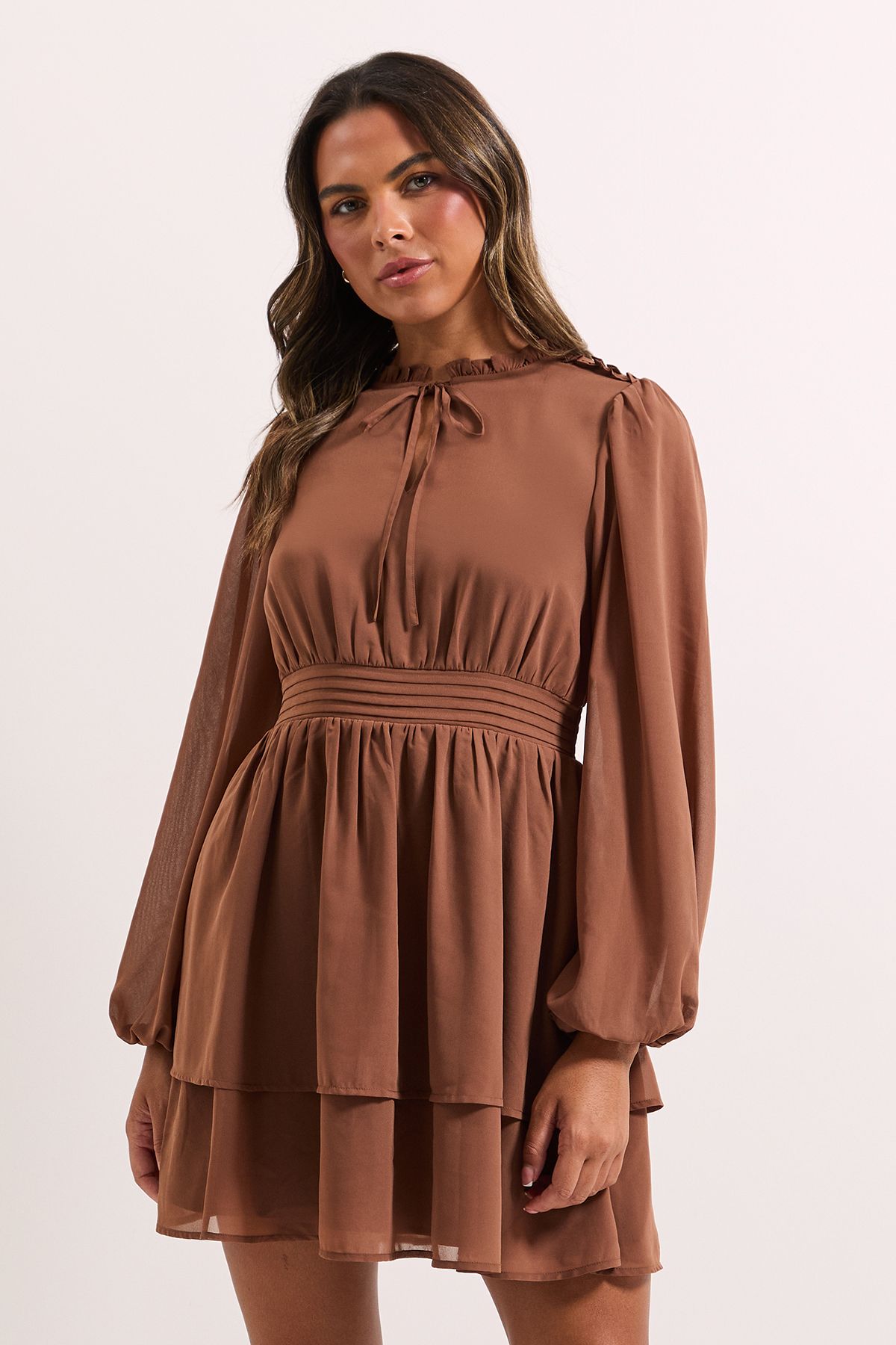 Dorothy Perkins Tie Neck Tiered Skirt Mini Dress Mocha image 2