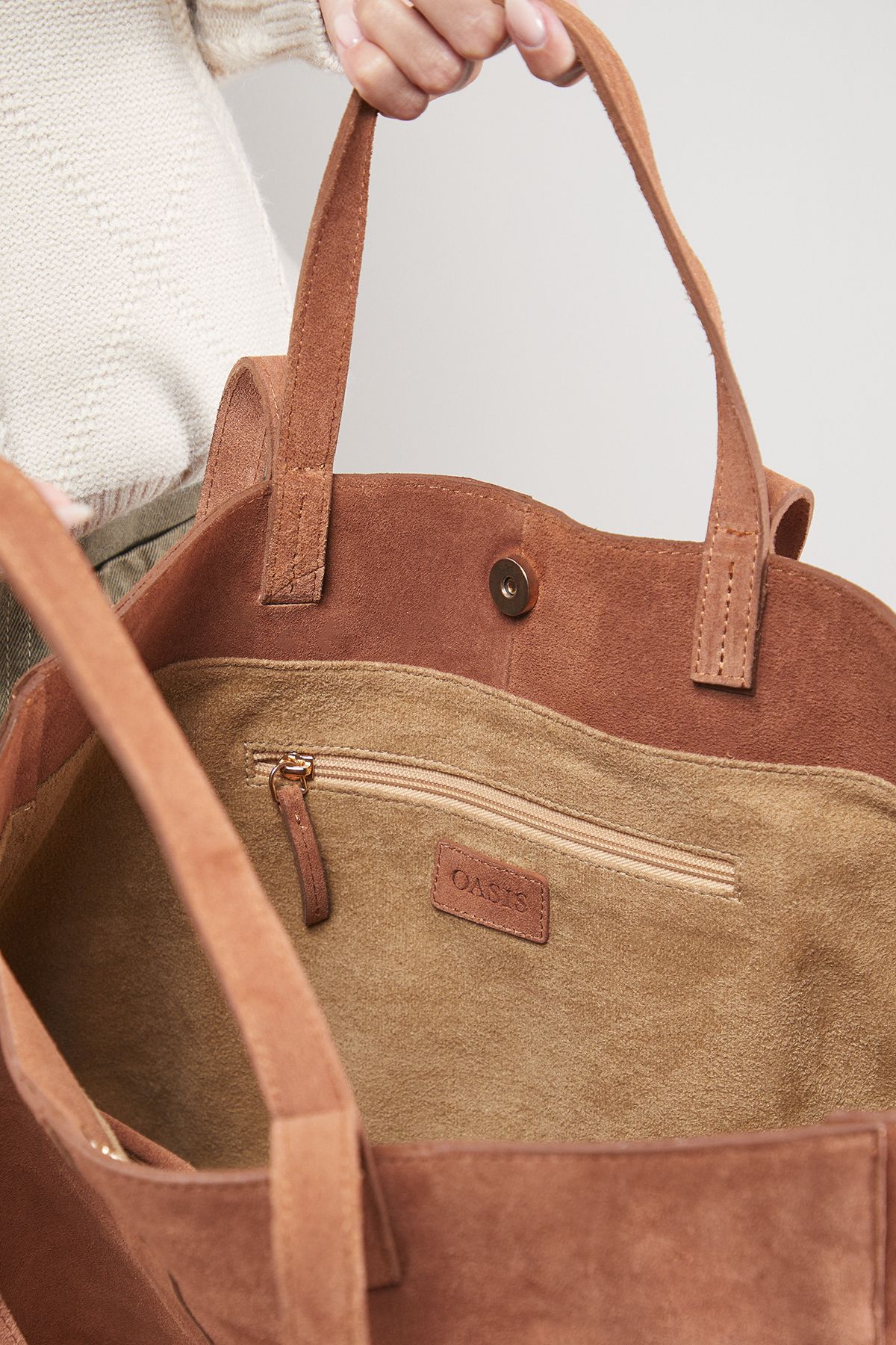 Oasis Jas Suede Tote Bag With Multi Handles Tan image 4