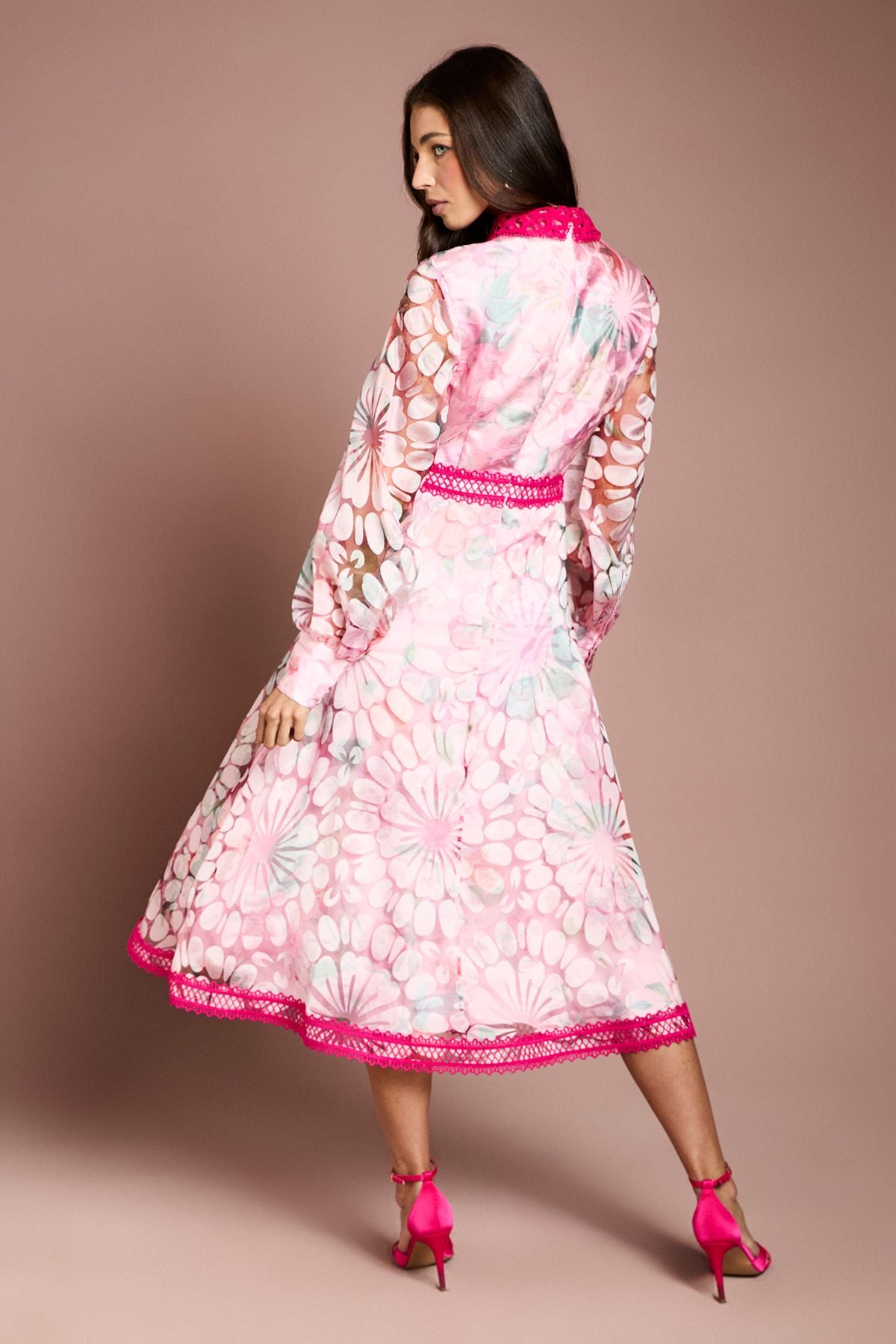 Coast Printed Organza Contrast Collar Lace Trim Midi Dress Pink image 3