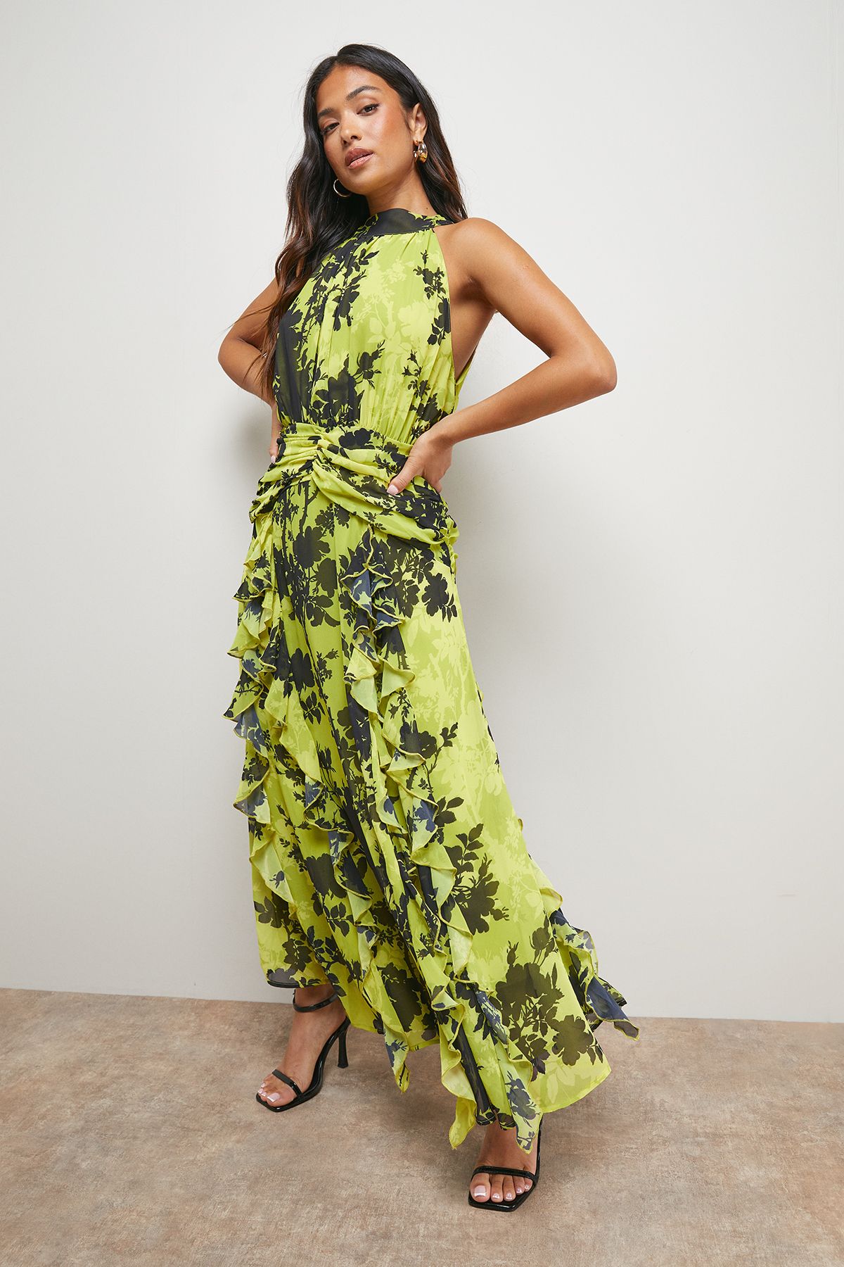 Oasis Petite Printed Ruched Waist Ruffle Front Halterneck Maxi Dress Multi image 1