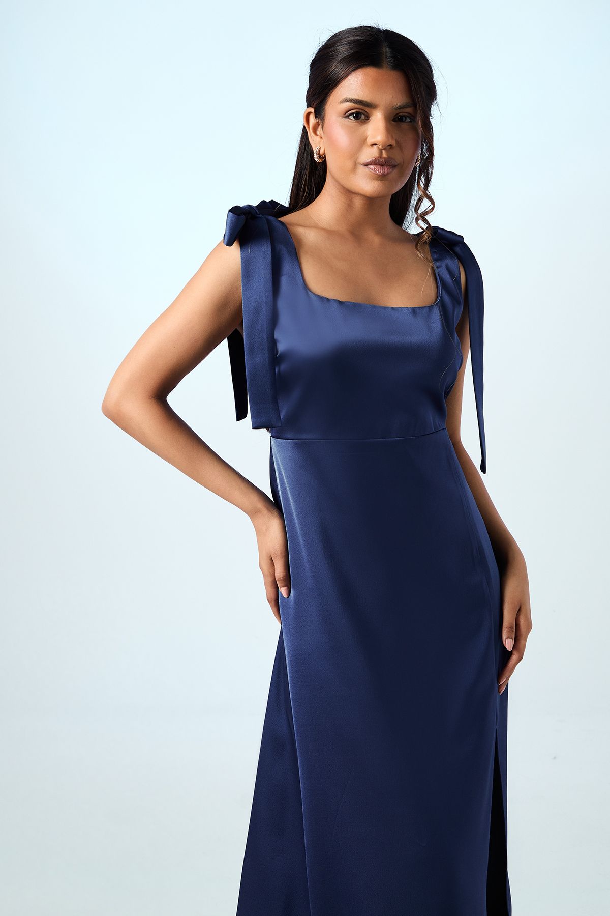 Oasis Oasis by Coast Petite Satin Tie Shoulder Midi Bridesmaid Dress Navy image 2