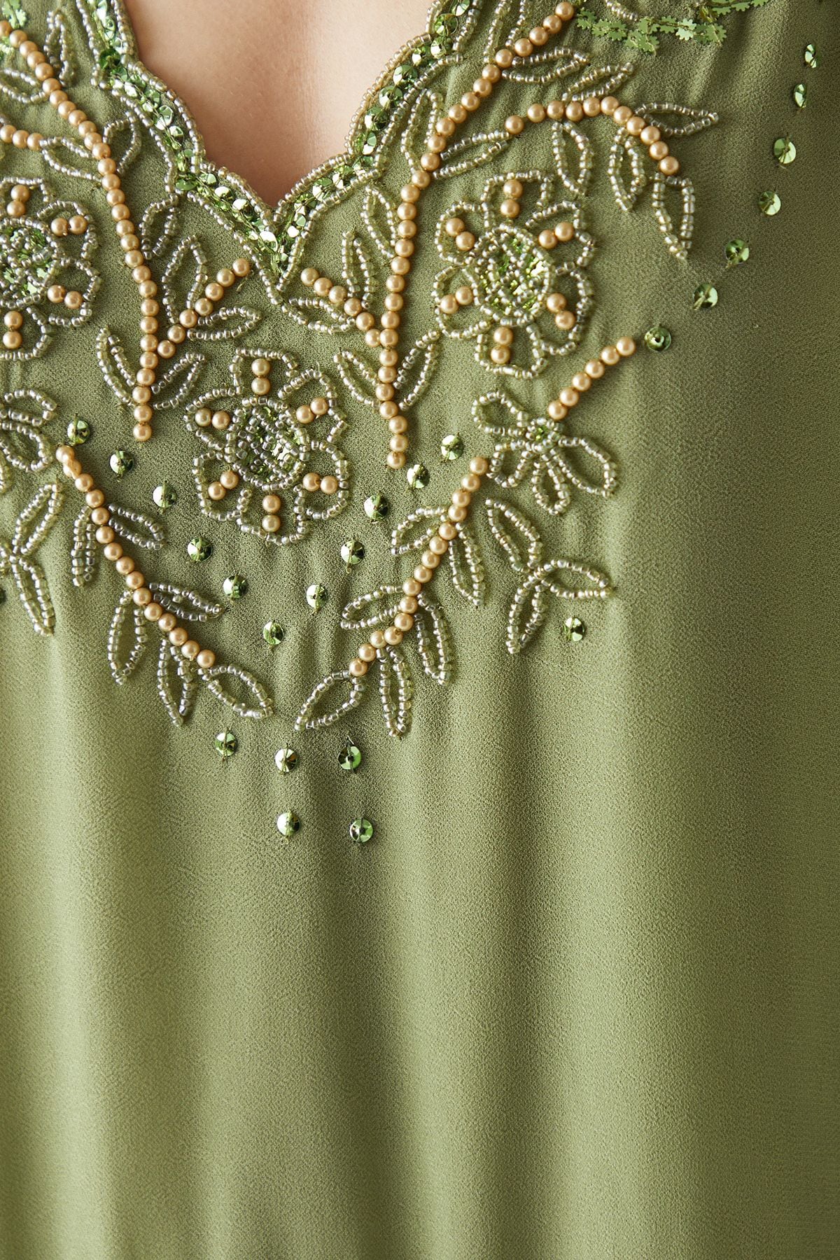 Warehouse Hand Embellished Chiffon Sequin Mini Smock Dress Khaki image 5