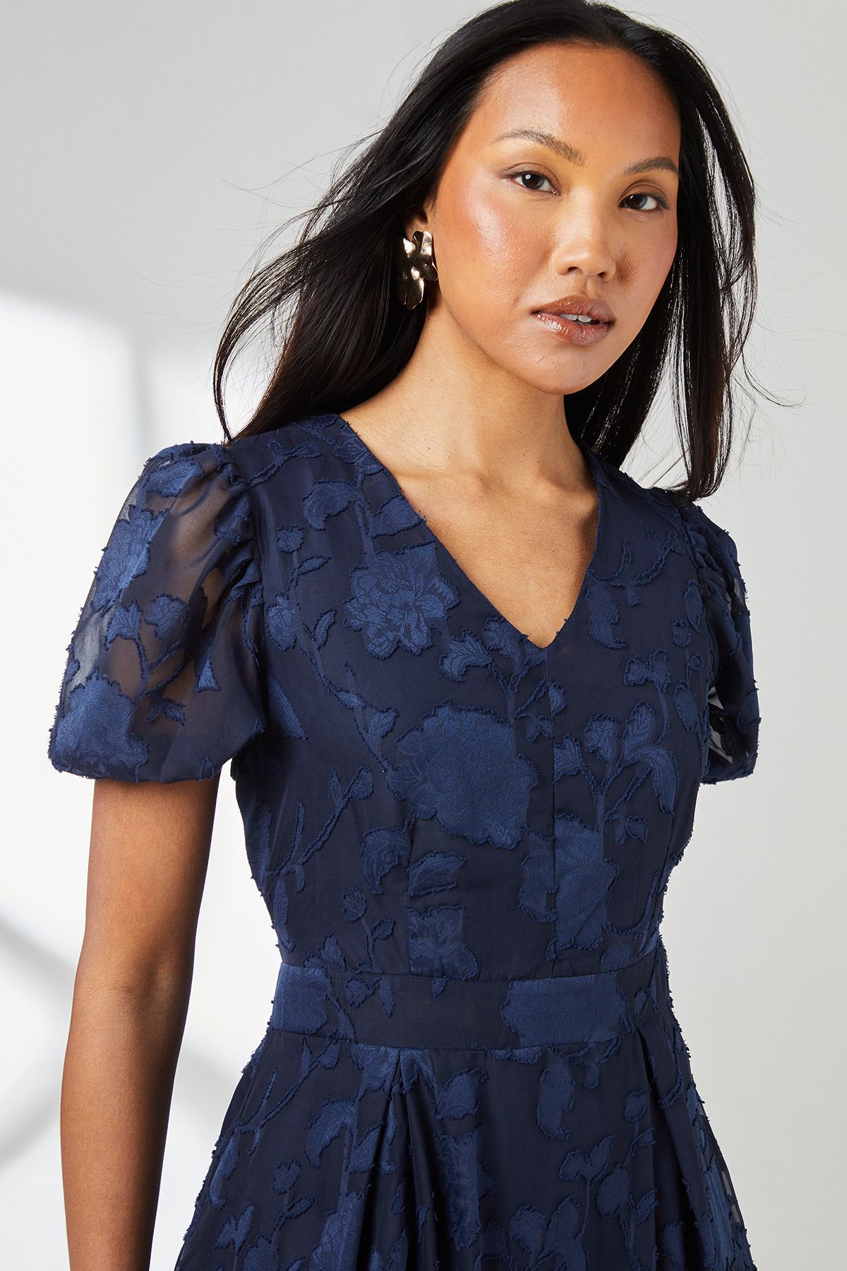 Principles Floral Jacquard Puff Sleeve Midi Dress Navy image 4