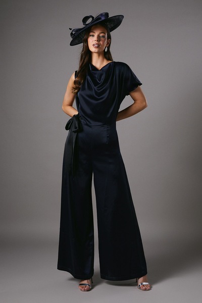 Coast Tie Side Satin Drape Wide Leg Jumpsuit Navy
