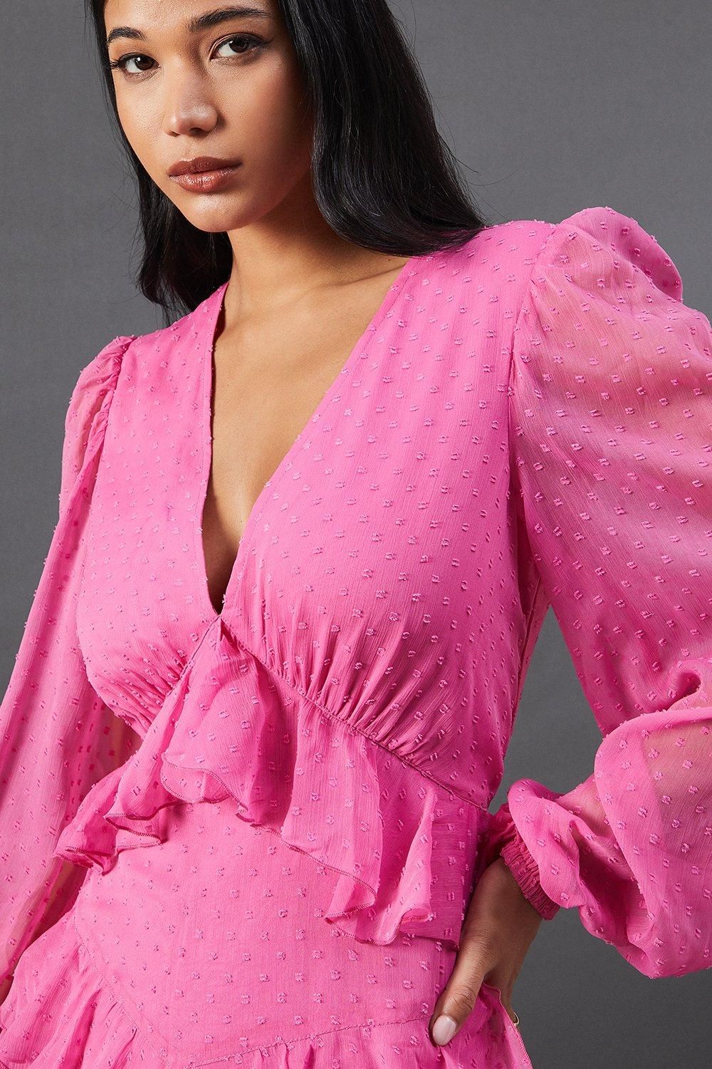 Warehouse Pink Chiffon Plunge Neck Ruffle Detail Volume Sleeve Maxi ...