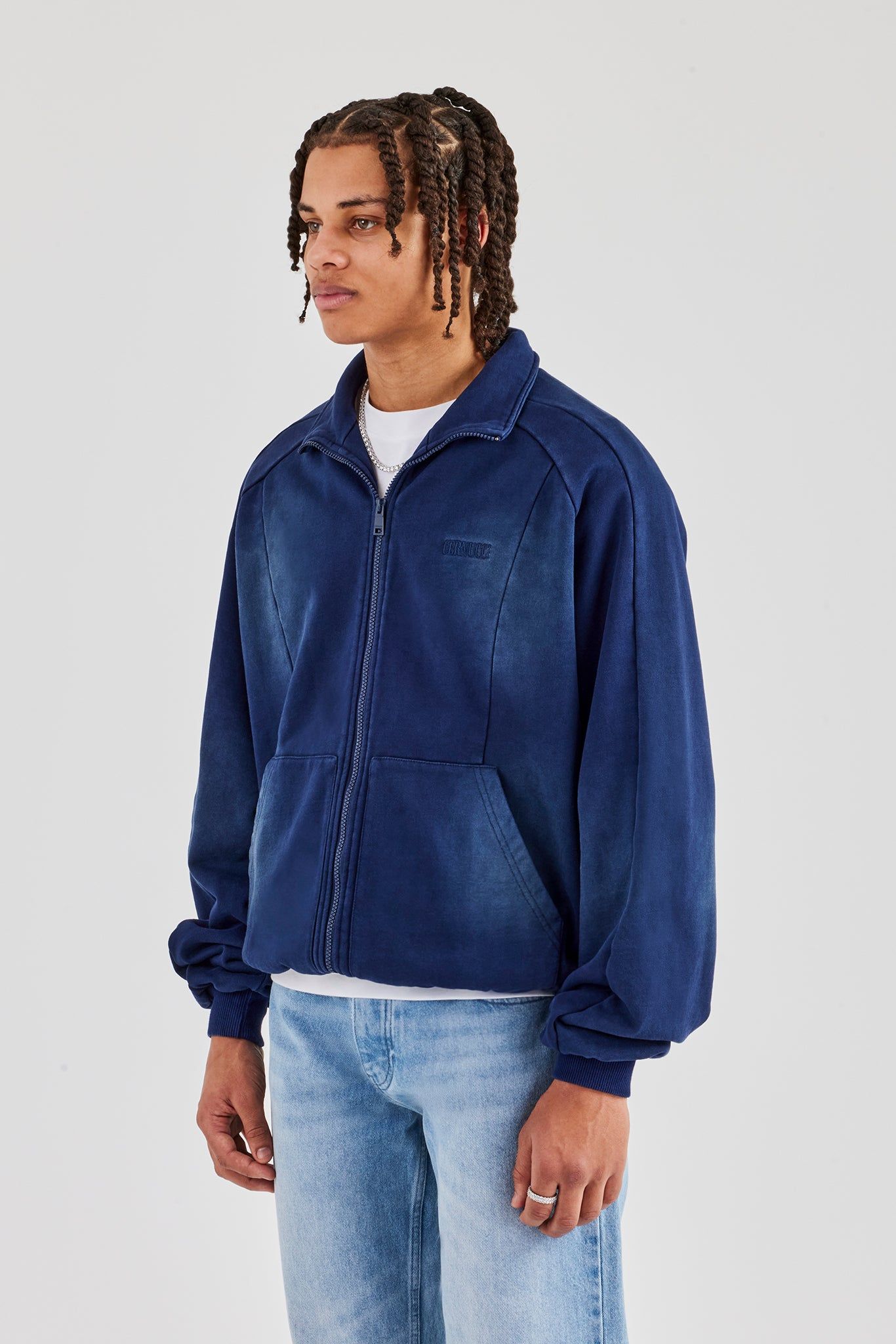 Cernucci Washed Raglan Seam Detail Zip Through Hoodie - Navy Blue image 2